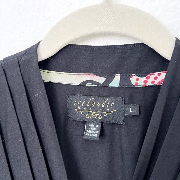 [Icelandic Design] Black Surplice Wrap Pleated Front Blouse Bamboo Silk Blend L - Picture 9 of 10